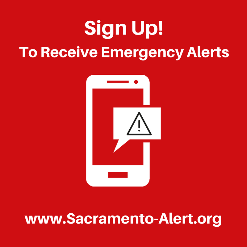 Sign Up! To receive emergency alerts. Icon of phone with message bubble and danger icon.  www.sacramento-alert.org